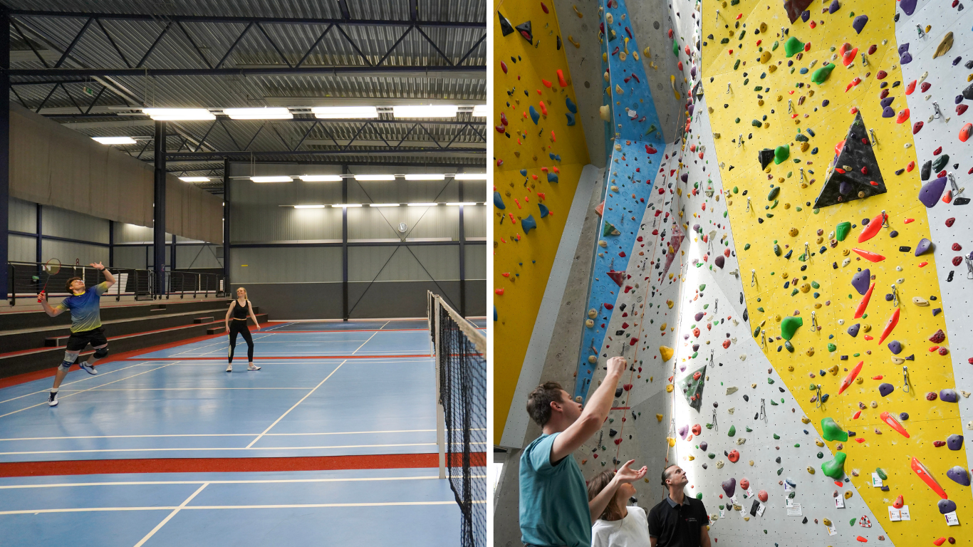 Zweigeteiltes Bild mit Badminton-Spielern in der Tivoli Sports Halle links und Kletterern vor einer bunten Route rechts – Darstellung der beiden Sportbereiche Badminton und Klettern.“